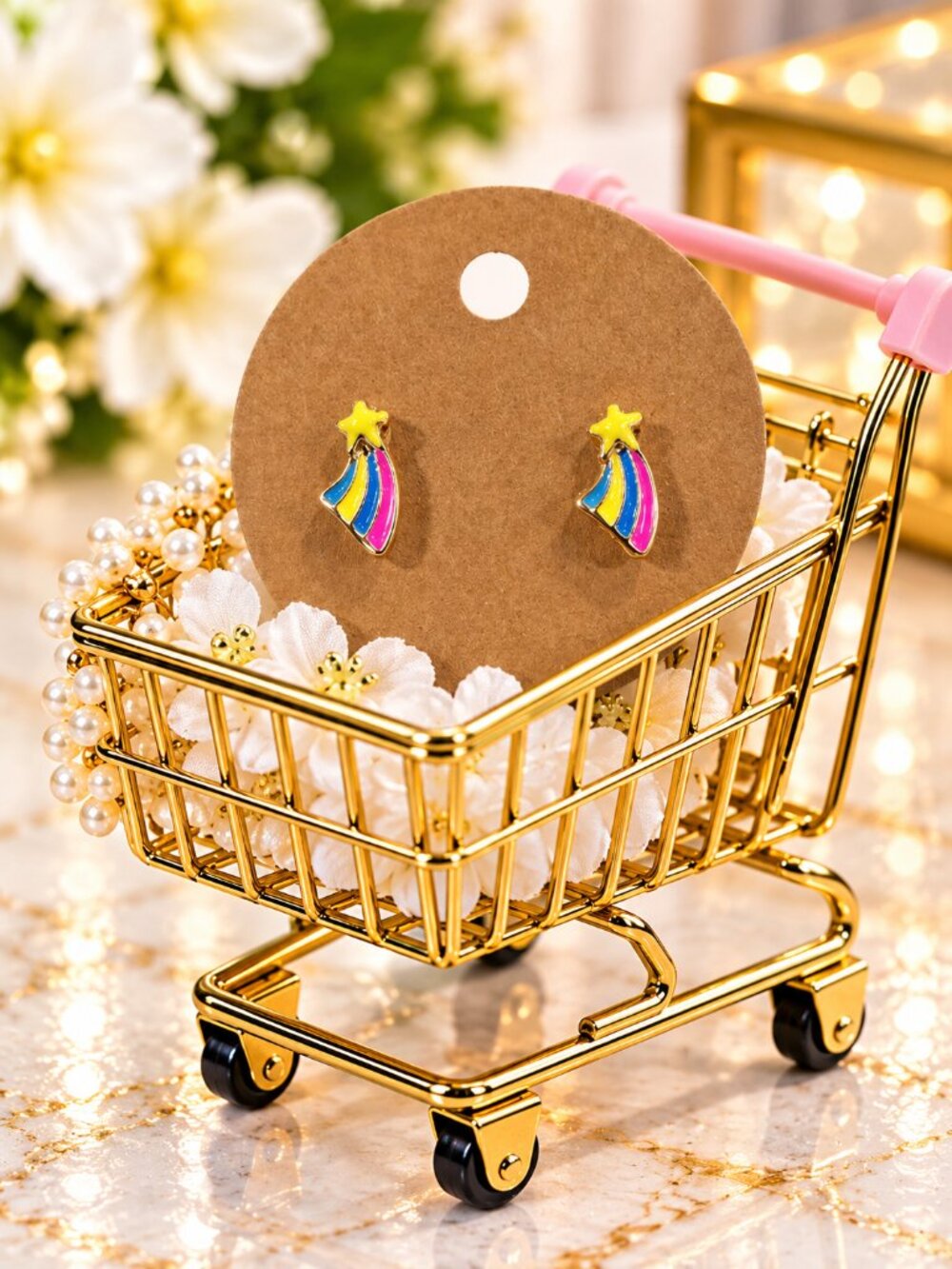 Gold Tone Shooting Star Rainbow Stud Earrings Colorful Enamel Celestial Jewelry